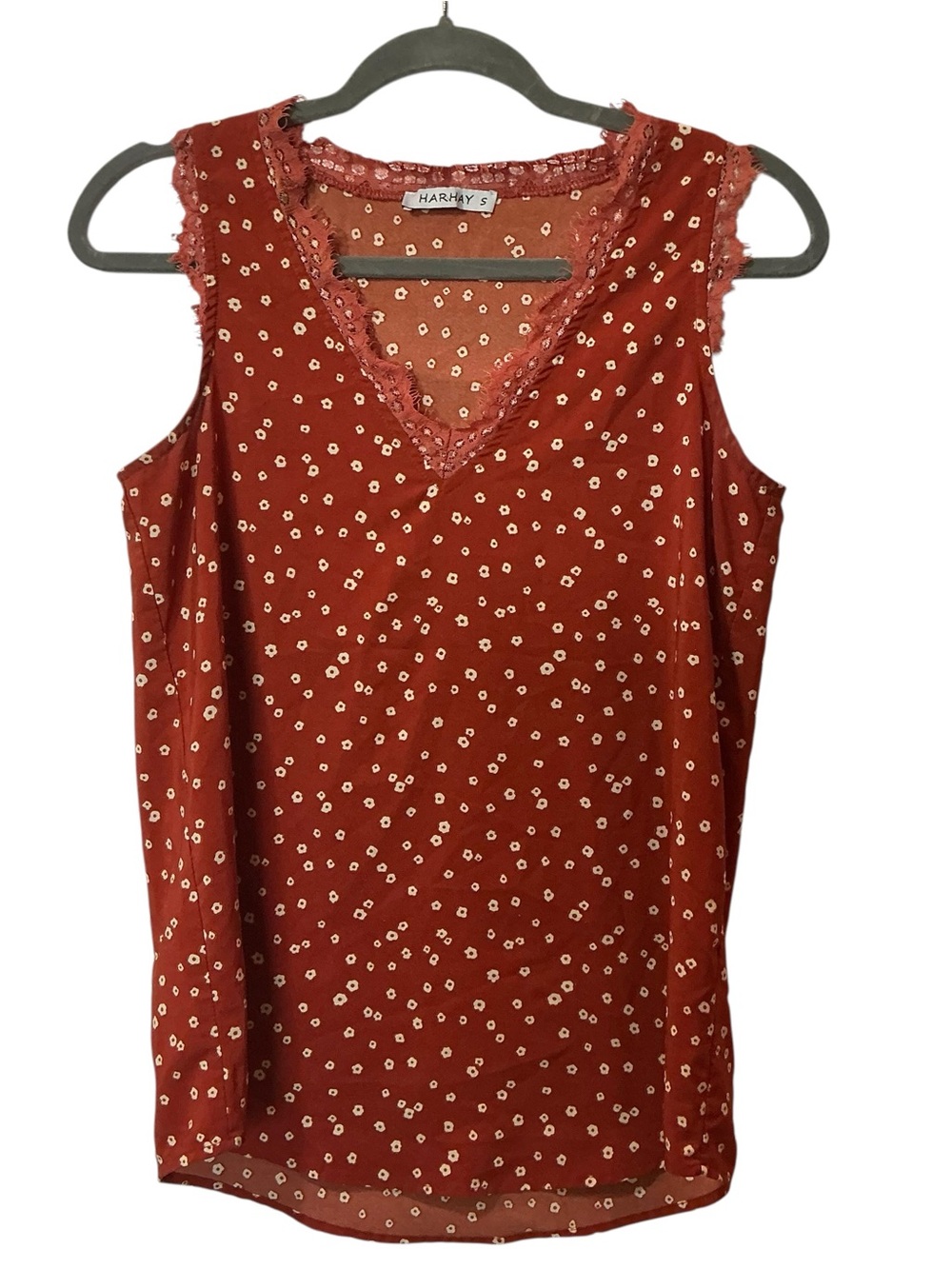 🔥 Harhay Terracotta Red Ditsy Floral Lace Trim Tank Blouse Small